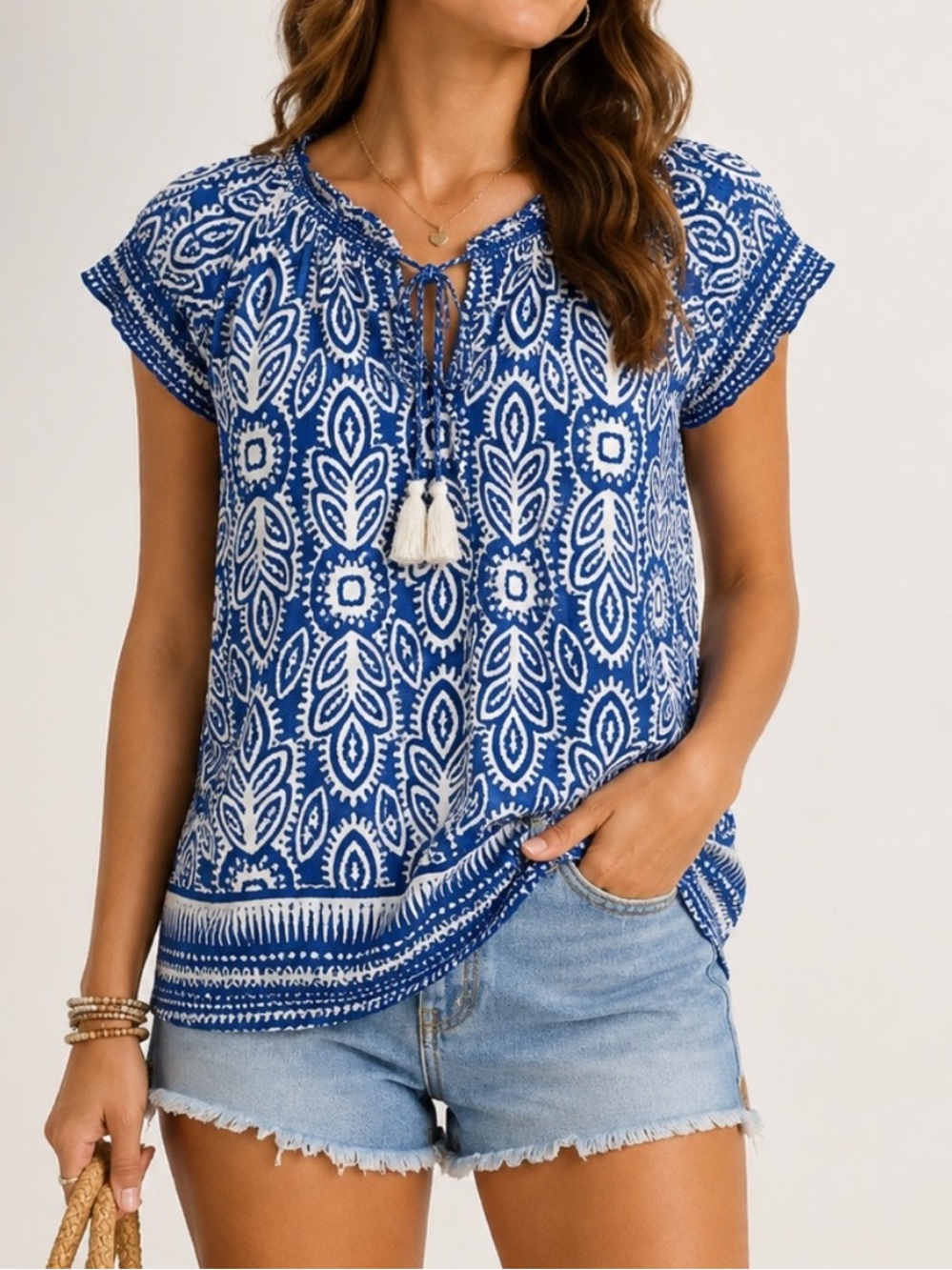 Rose + Olive Blue White Boho Tassel Peasant Blouse Rayon Small